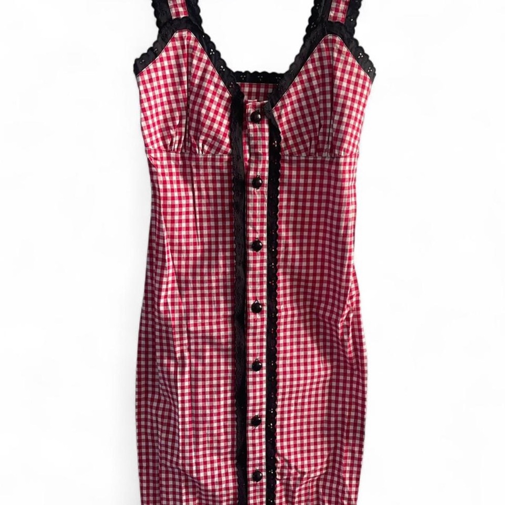 Red Gingham Button-Front Dress with Black Trim